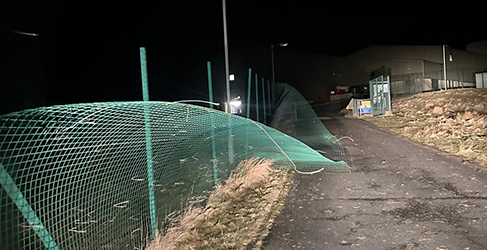 Storm Eowyn Lochinvar Green fence blown down at Lochinver Water Treatment Works during Storm Eowyn